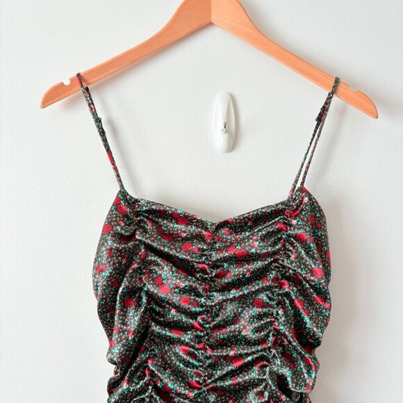 Urban Outfitters Iris Satin Ruched Mini Dress Black Red Rose Floral Size Medium - Picture 3 of 6